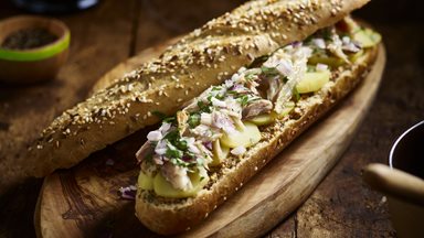 GOLDEN SOFT DEMI BAGUETTE MULTISEED and smoked mackerel with baby potatoes. 