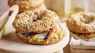 BAGEL MULTISEED, smoked halibut and guacamole